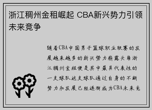 浙江稠州金租崛起 CBA新兴势力引领未来竞争